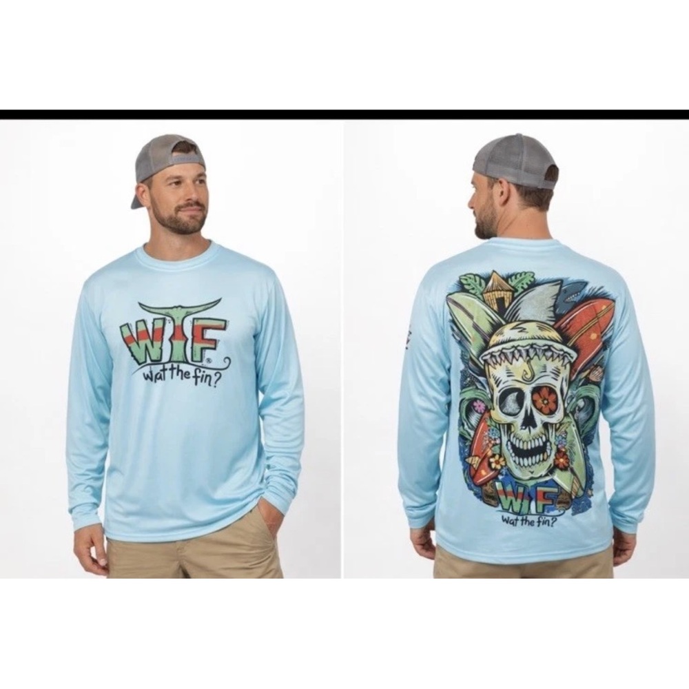 WTF What The Fin Surf Shirt Medium Blue Long Sleeve Shark Graphic Tee